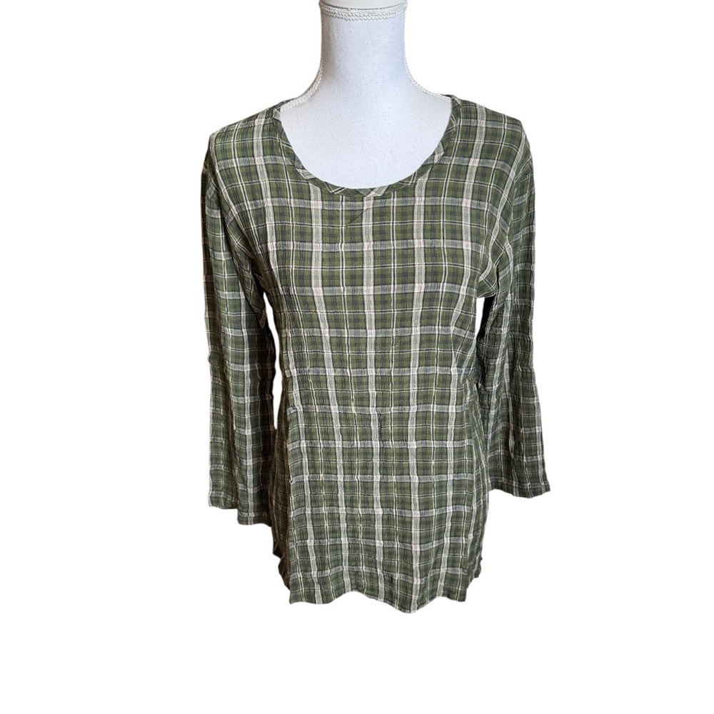 Flax Lightweight Checkerboard Plaid 3/4‎ Sleeve Top Green Medium